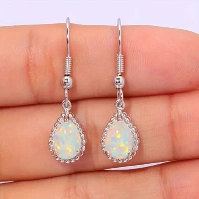 Silver Plated Opal Teardrop Dangle Earrings Classc Drop Gemstone Fashion Jewelry - Image 1 of 4