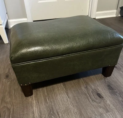 Vintage Mid Century Faux Leather Tooled Ottoman Foot Stool Green Cottagecore - Image 1 of 4