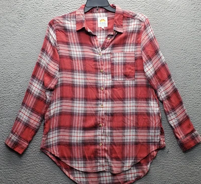 C&C California Shirt Women L Multi Plaid Flannel Front Pocket High Low Button Up - Image 1 of 4