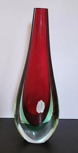 Jarrón vintage de cristal transparente con tallo de Murano Sommerso rojo verde, LEER ESTADO - Imagen 1 de 24