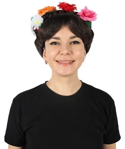 HPO Adult Women Day of the Dead Frida Wig, Floral Crown Black Braided Wig - Picture 1 of 8