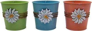 Pastel Metal Bucket Planters with Rope and Flower Design, Garden Décor, Set of 3 - Picture 1 of 7