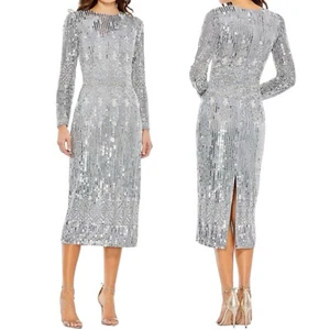 NEW Mac Duggal Embellished Long Sleeve Midi Dress Platinum 5576 Women Size 20 - Picture 1 of 13
