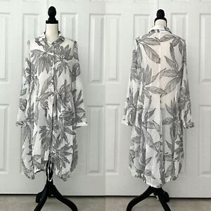 ALEMBIKA Crinkle Long Sleeve White Gray Leaf Print Pocket Tunic Dress 2 US 8-10