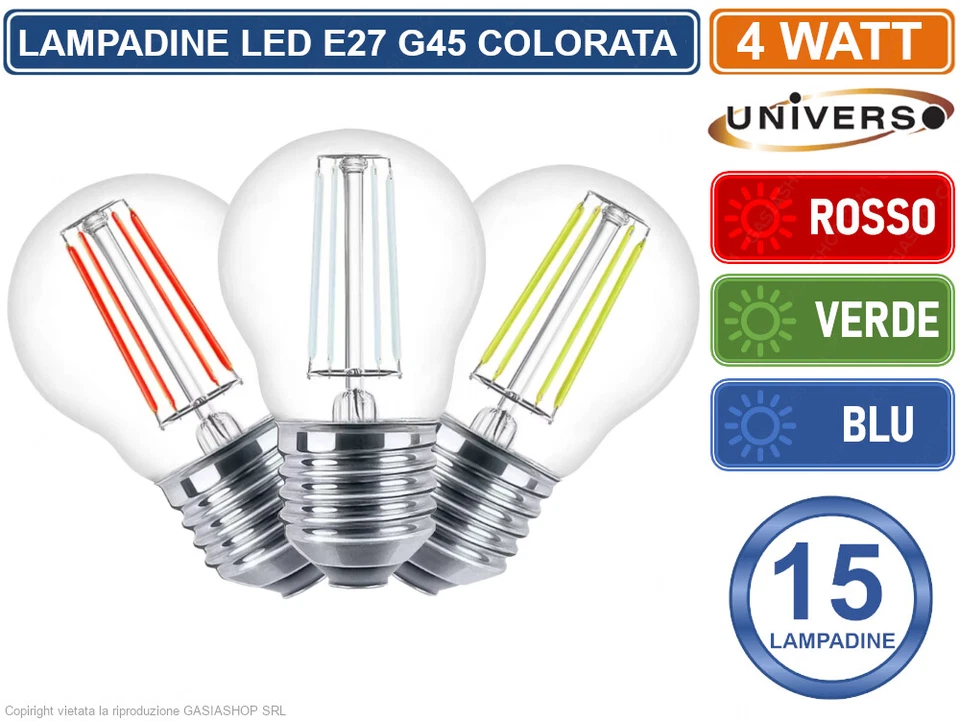 CONF. 15PZ LAMPADINE LED E27 COLORATA 4W MINIGLOBO G45 A FILAMENTO 440 LUMEN - Immagine 1 di 1