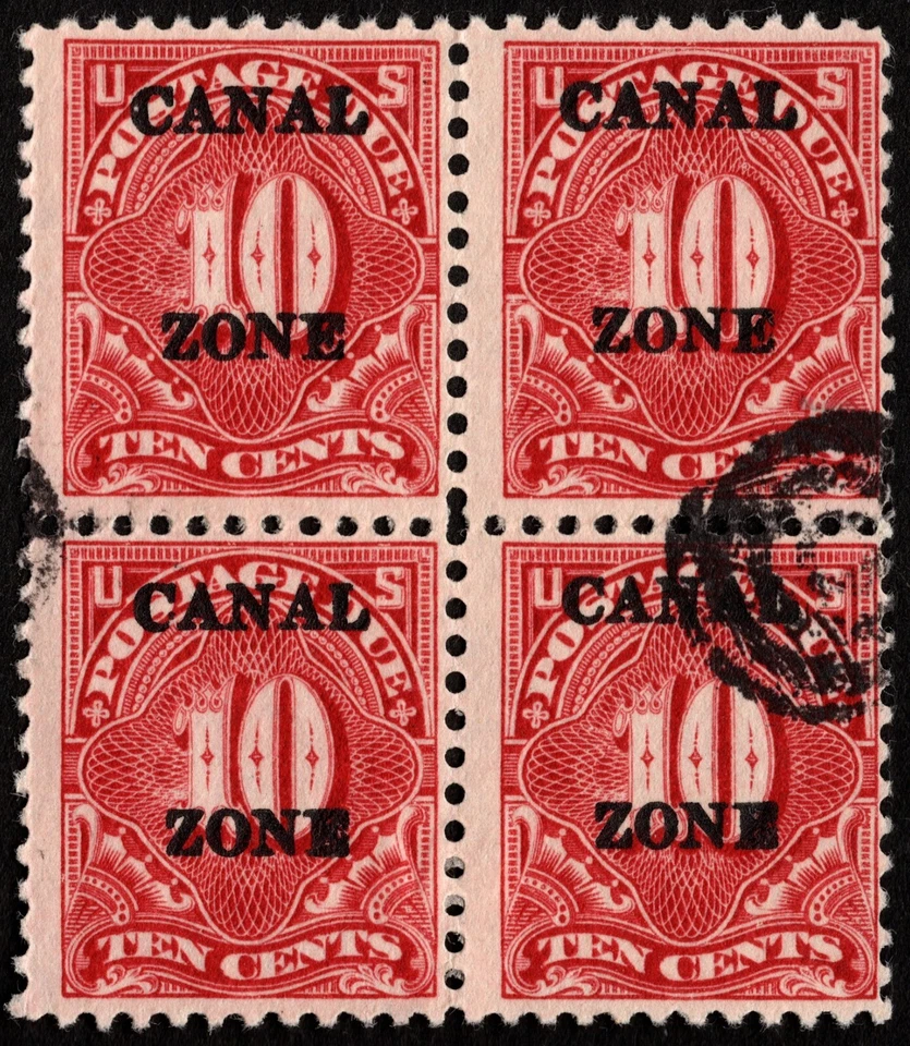 Canal Zone - 1925 - 10 Cents Carmine Rose Postage Due Block w/ 3mm Spacing # J20 - Image 1 of 1