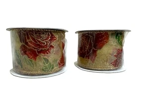 VTG Red Rose & Gold Wire Trim Ribbon Garland Sheer 2.5" Wide Set of 2 READ - Picture 1 of 10