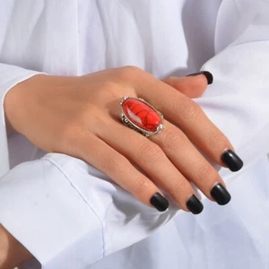 Retro Court Style Accessory Big Red Imitation Gemstone Silver Carved Chunky Ring - Picture 1 of 3