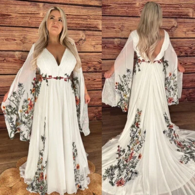 White Ivory Chiffon Wedding Dresses with Sweep Train Florals Appliques Bridal - Image 1 of 4