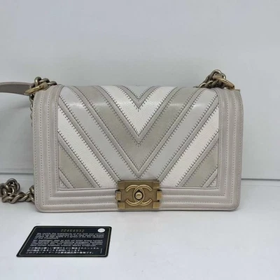 Bolso Chanel Le Boy | Bandolera Platino Acolchada Caviar Estampado en V Foto 1 de 4