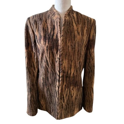 Neiman Marcus Exclusive Tiger Animal Print Wool Blazer Brown Black 12 - Image 1 of 4