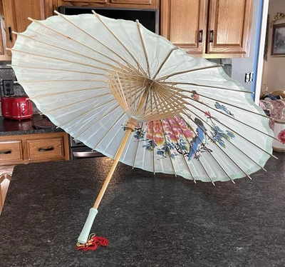 Vtg Satin Parasol Bamboo Handle Green w/Painted Bird Florals Butterflies Asian - Image 1 of 4