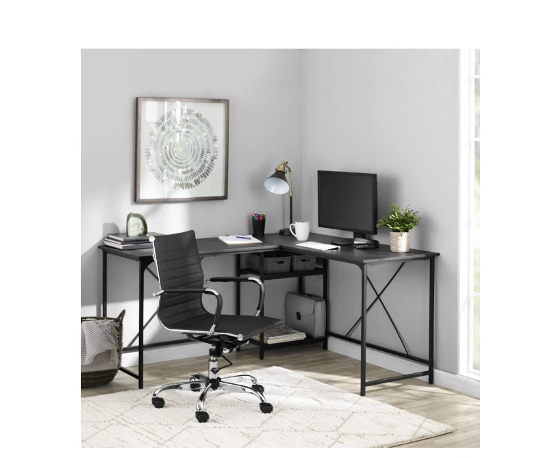 Two-Way Convertible Desk with Storage Shelf & Cord Management, Charcoal - Image 1 of 4