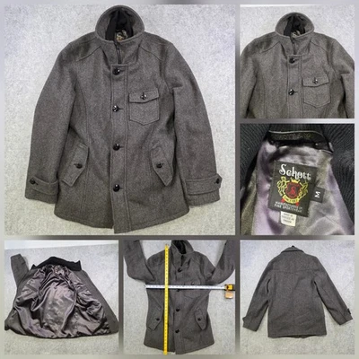 Schott Wool Coat Jacket Mens Medium Gray Stand Collar Flap Pocket Button Front - Image 1 of 4
