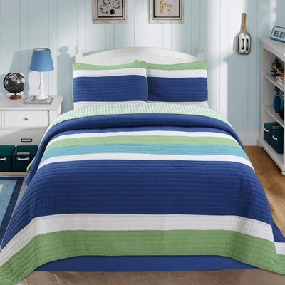 Cozy Line Home Fashions Waylon Azul Marino Verde Blanco Rayas 100% Algodón Foto 1 de 4