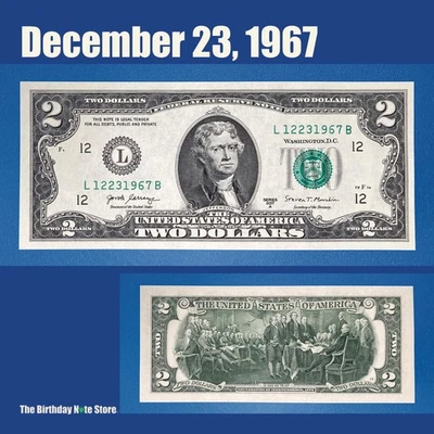December 23, 1967 Birthday Anniversary $2 Two Dollar Bill Serial Number 12231967 - Image 1 of 2