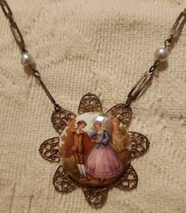 Collana ciondolo perle finte catena rame coppia vittoriana vintage 28 pollici - Foto 1 di 7