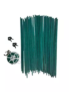 50 Green Bamboo Plant Stakes 15" - w/ 100 Twist Ties - Flower Support Sticks New - Picture 1 of 8