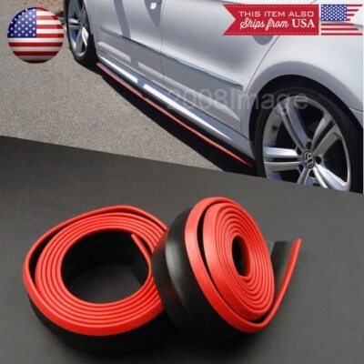 2 x 8 FT Black w/ Red Trim EZ Fit Bottom Line Side Skirt Extension  For BMW AUDI - Image 1 of 3