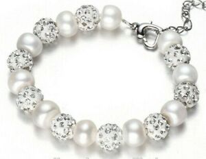 Large Wrist Pearls /CZ  Bracelet  Sterling Silver Clasp  .Plus Size 9 inches 