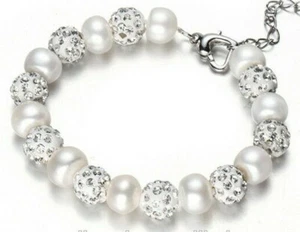 Plus Size Bracelet  Pearls /CZ  Sterling Silver Heart Clasp   9 inches by Sheoma - Picture 1 of 7