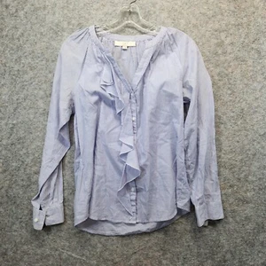 Loft Womens Blue Striped Ruffle Detail Front Button Down Blouse Top Size Small - Picture 1 of 6