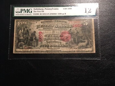 National Bank Note 1875 Saltsburg PA. PMG Fine 12 Details Tape Repair PVC Rare - Image 1 of 4