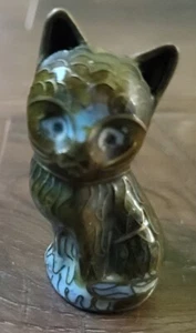 Vintage Brass Enamel Brown & White Cat Figurine 1 inch Tall - Picture 1 of 2