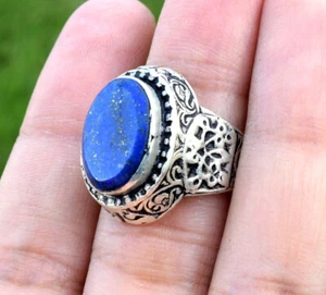 Anillo de plata Kuchi piedra lapislázuli tribal étnico bohemio joyería tallada azul - Imagen 1 de 9