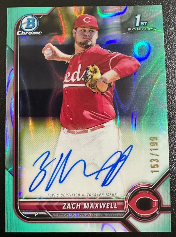 2022 Bowman Chrome Draft Zach Maxwell Aqua Lava Refractor Auto /199 #CDA-ZM Reds - Image 1 of 1