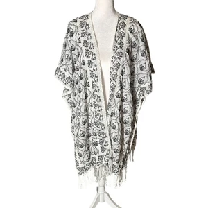 Anthropologie Kimono bestickt schwarz weiß Schal Damen Coverup Fransen M/L - Bild 1 von 9