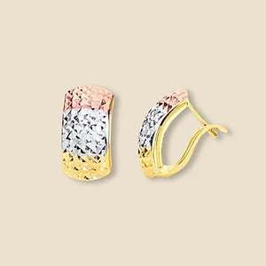 14K Tri Color Gold Half Huggies Earrings 1.6g Yellow White Rose Hoop - Picture 1 of 2