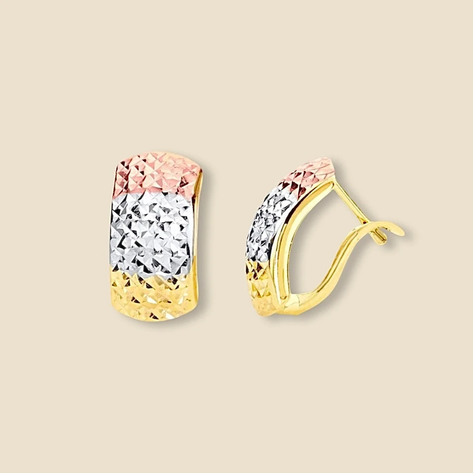 14K Tri Color Gold Half Huggies Earrings 1.6g Yellow White Rose Hoop - Image 1 of 2