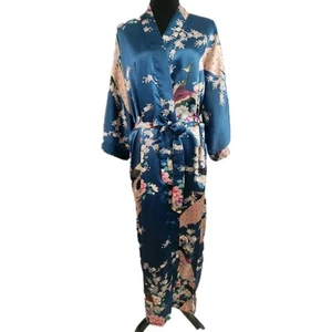 Old Shanghai Belted Kimono Robe Peacock Emerald Cherry Blossom Silk Feel Green - Picture 1 of 14