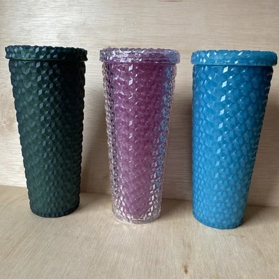 Studded Beverage Tumblers - Iridescent Pink - Turquoise - Evergreen 26 oz W/Lids - Image 1 of 4