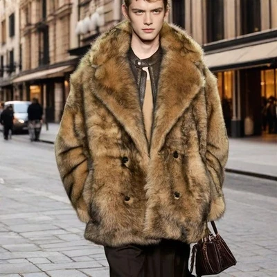 Men's Fur Coat Imitation Mink Fur Suit Collar Coat Winter Warm Windbreaker Coat - Image 1 of 4