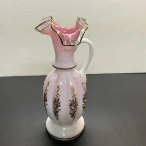 Fenton 9” White overlay On Pink Melon Shaped Ewer Pitcher Vase Hand Painted  - Picture 1 of 9