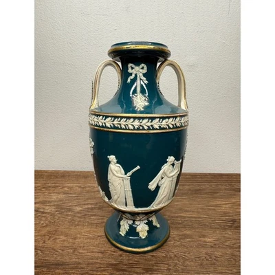 Vintage 1900s Wedwood Teal Ceramic Urn Vase with White Relief Figures Gold Trim - Image 1 of 4