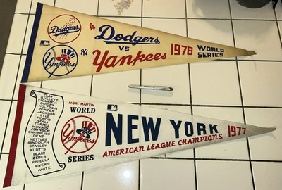 2 banderines vintage de los New York Yankees 1977 AL CHAMP y 78 World Series Dodgers Foto 1 de 4