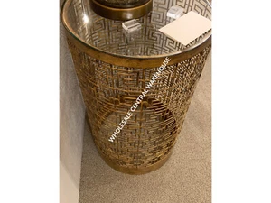 ALGERNON 24" MODERN GREEK KEY DRUM AGED GOLD IRON ACCENT END TABLE GLASS TOP  - Picture 1 of 4