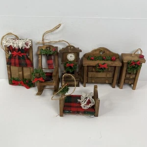 Vintage Wood Christmas Ornaments Country Furniture Plaid Chest Bed Chair Clock - Picture 1 of 15
