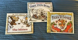 Jan Brett Book Lot Hardback W Dust Jackets MITTEN & TIGER SLIPPERS & SNOW BEARS - Picture 1 of 17