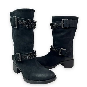 Vera Wang Lavender Moto Combat Boots 5.5 Leather Jewel Buckle Grunge Festival - Picture 1 of 13