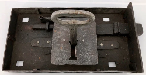 Mid-1700s French Hand-Wrought Iron Very Large Lock with Forged Key, Louis XV Cover