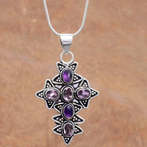 Faceted Amethyst & Amethyst Gemstone 925 Sterling Silver Cross Religious Jewelry - Picture 1 of 8
