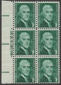 USA 1278 Thomas Jefferson 1c Mail Early Block 6 L MNH 1968 - Bild 1 von 1