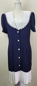 De colección Sra. Maxi Vestido Choice Azul Marino Blanco Cuello Plisado Manga Corta Talla 10 - Imagen 1 de 24