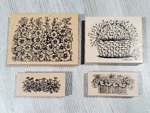Lot of 4 Northwoods Floral Flowers Themed Wood Mounted Rubber Stamps - Picture 1 of 7