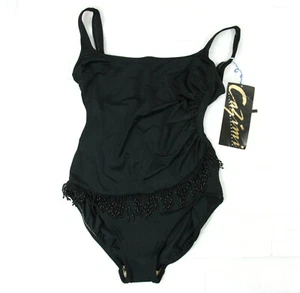 Vintage Deadstock Cazimi Beaded Fringe One Piece Swim Bathing Suit 16 NEW 1980s - Picture 1 of 6