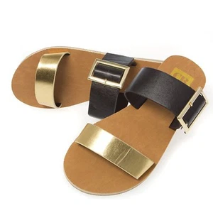 New Women Open Toe Dual Buckle Strap Slide Flat Sandal Shoe Flip Flop Black Gold - Picture 1 of 6